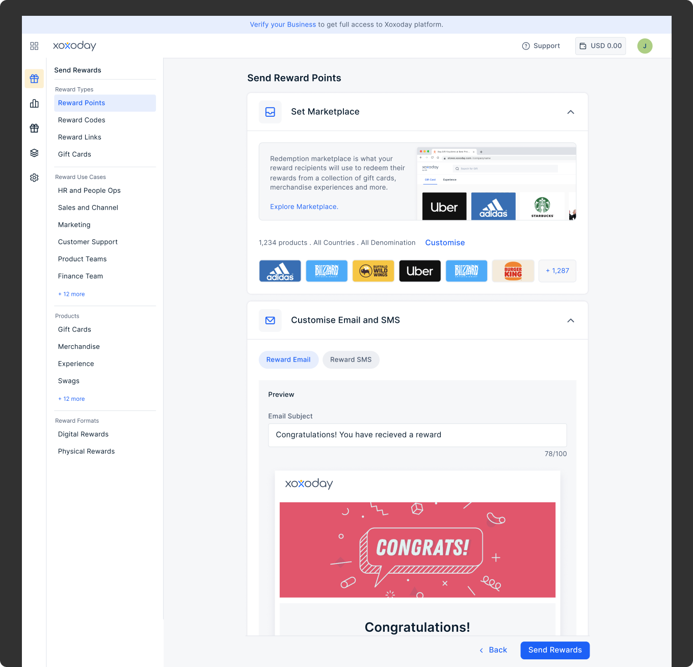 Custom email and SMS configuration with marketplace selection and Congrats preview